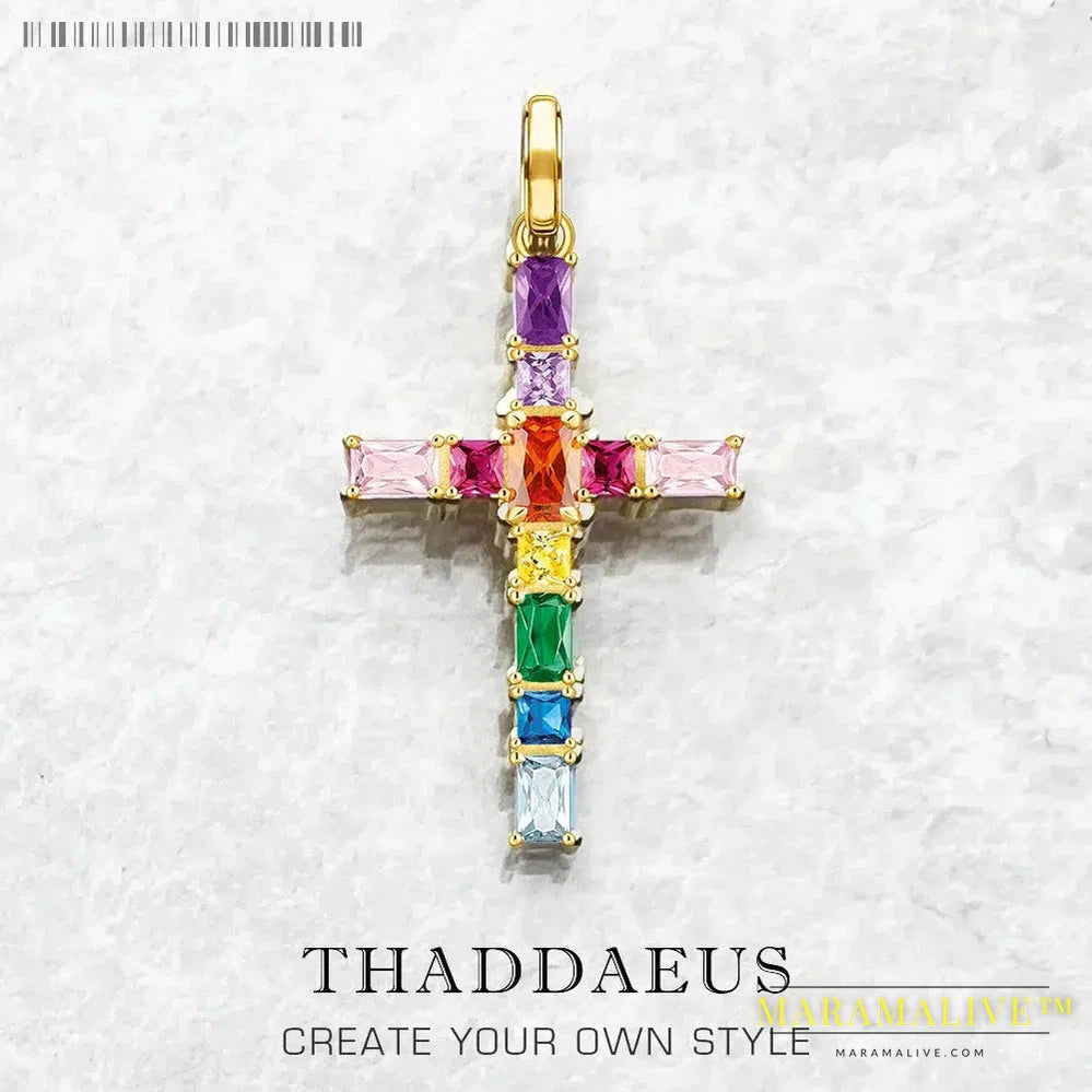 Cross with Colourful Stones Gold Plated Pendant Brand New Fine Jewelry 925 Sterling Silver Accessories Faith Gift For Woman