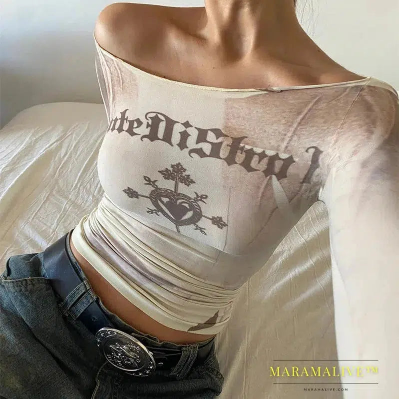 Cryptographic Letter Print Long Sleeve Off Shoulder Slim Tops See Through Sexy Graphic T-Shirts Tee Women Goth Aesthetic Clothes