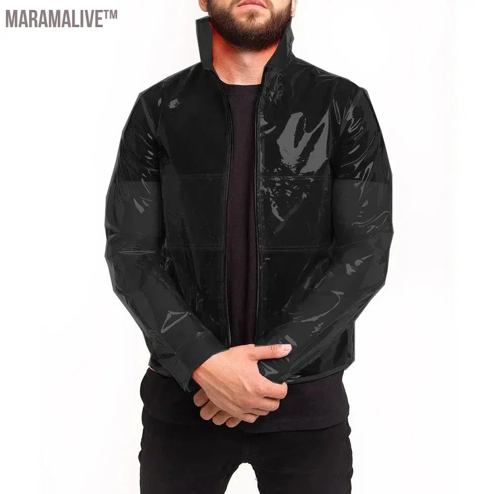 Custom Men's TPU Jacket Shiny Transparency PVC Lapel Suit Top Coat Stand Collar See-through Blouses for Clubwear