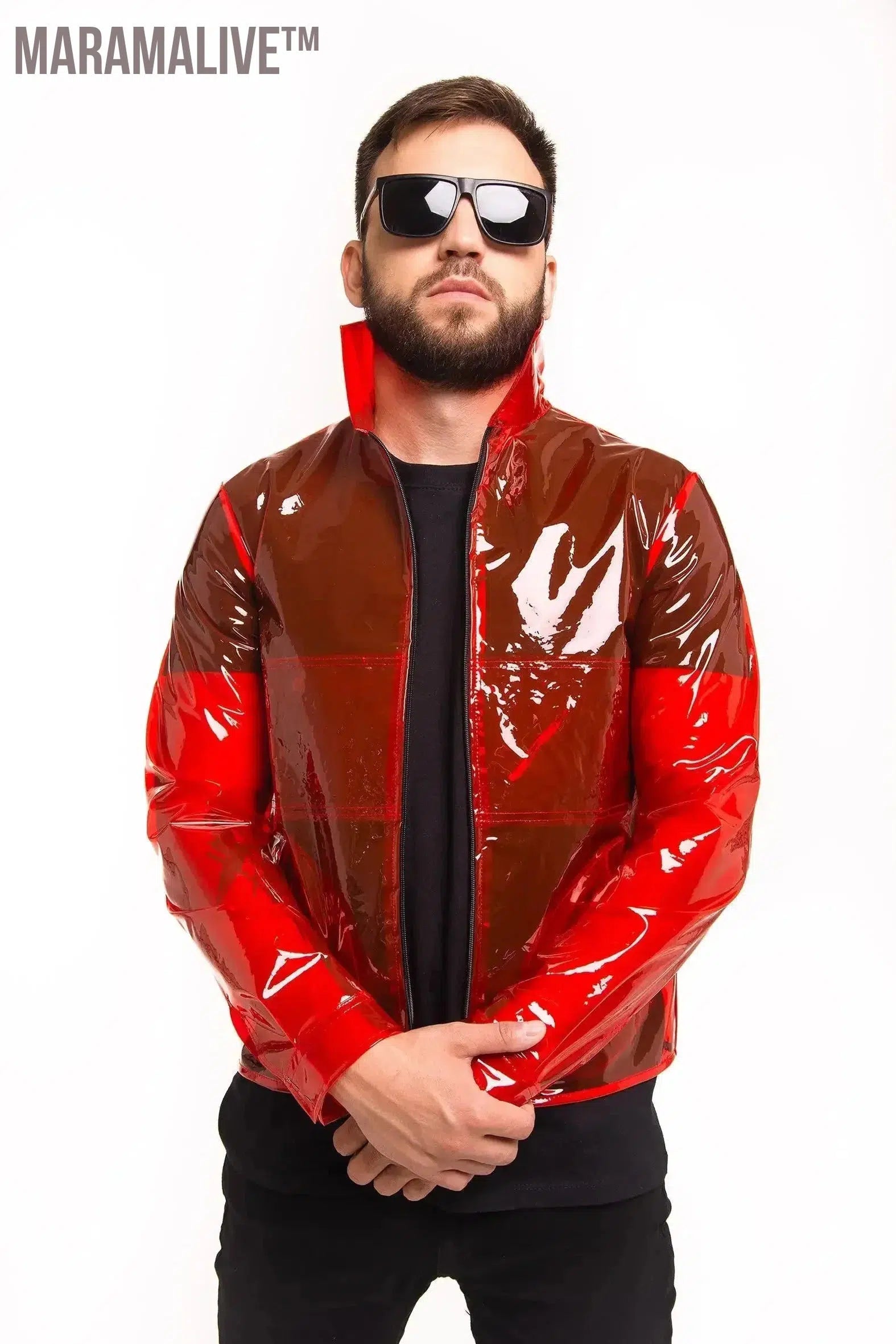 Custom Men's TPU Jacket Shiny Transparency PVC Lapel Suit Top Coat Stand Collar See-through Blouses for Clubwear