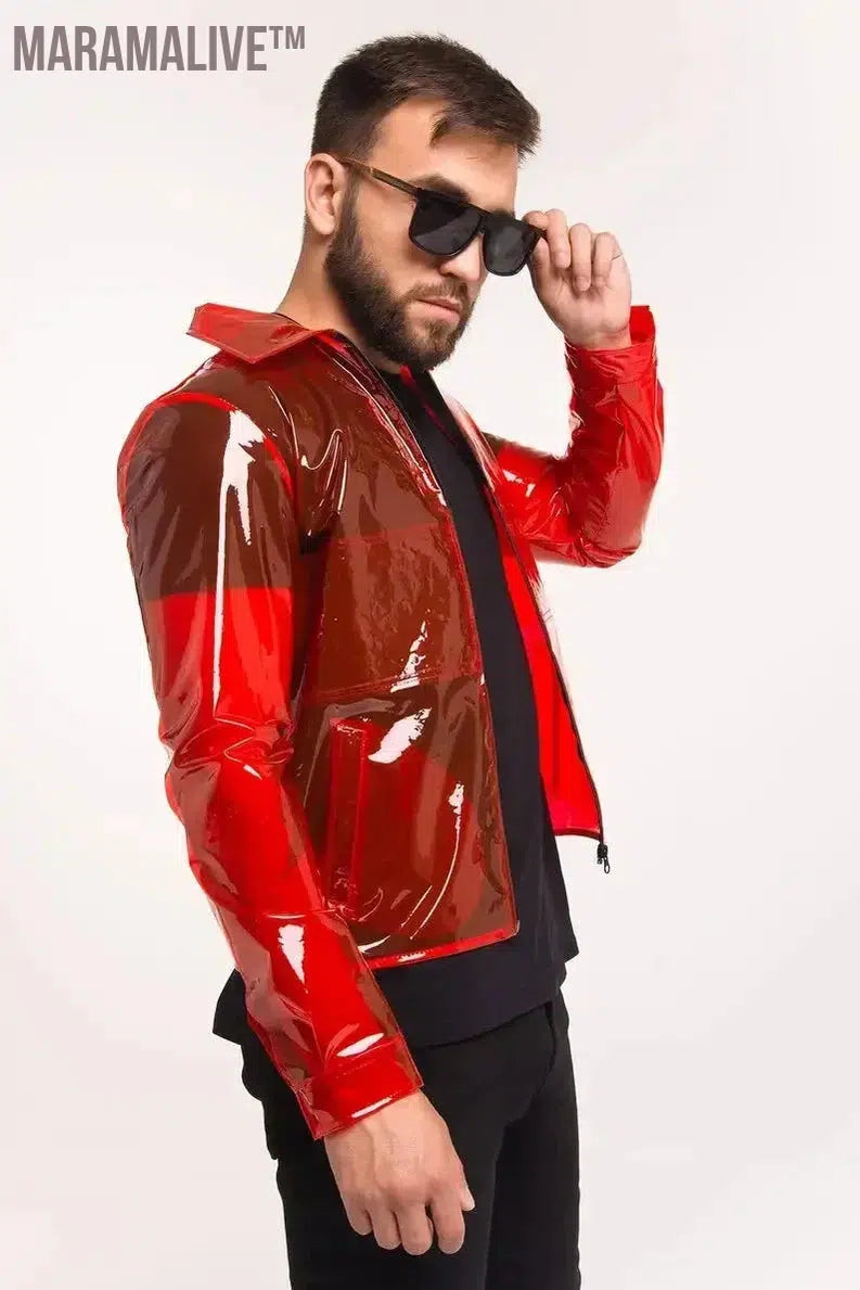 Custom Men's TPU Jacket Shiny Transparency PVC Lapel Suit Top Coat Stand Collar See-through Blouses for Clubwear