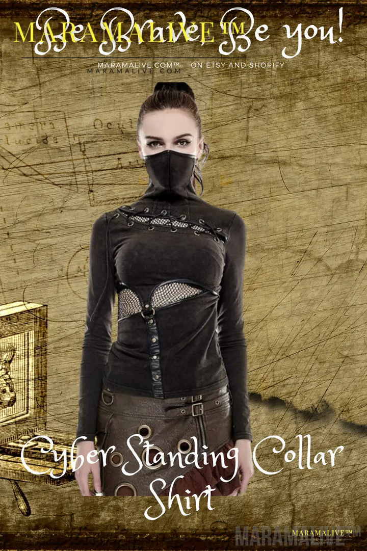 Cyber Steampunk Gothic Stand Collar T-Shirt - Futuristic Dark Tee