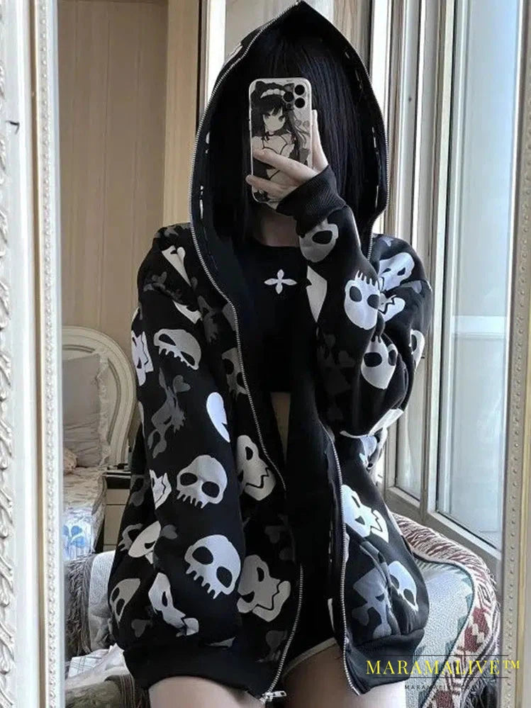 Cyberpunk Y2k Sweatshirt Women Mall Goth Harajuku Skull Printed Long Sleeve Zipper Cardigan Hoodie Emo Alt Indie Clothes