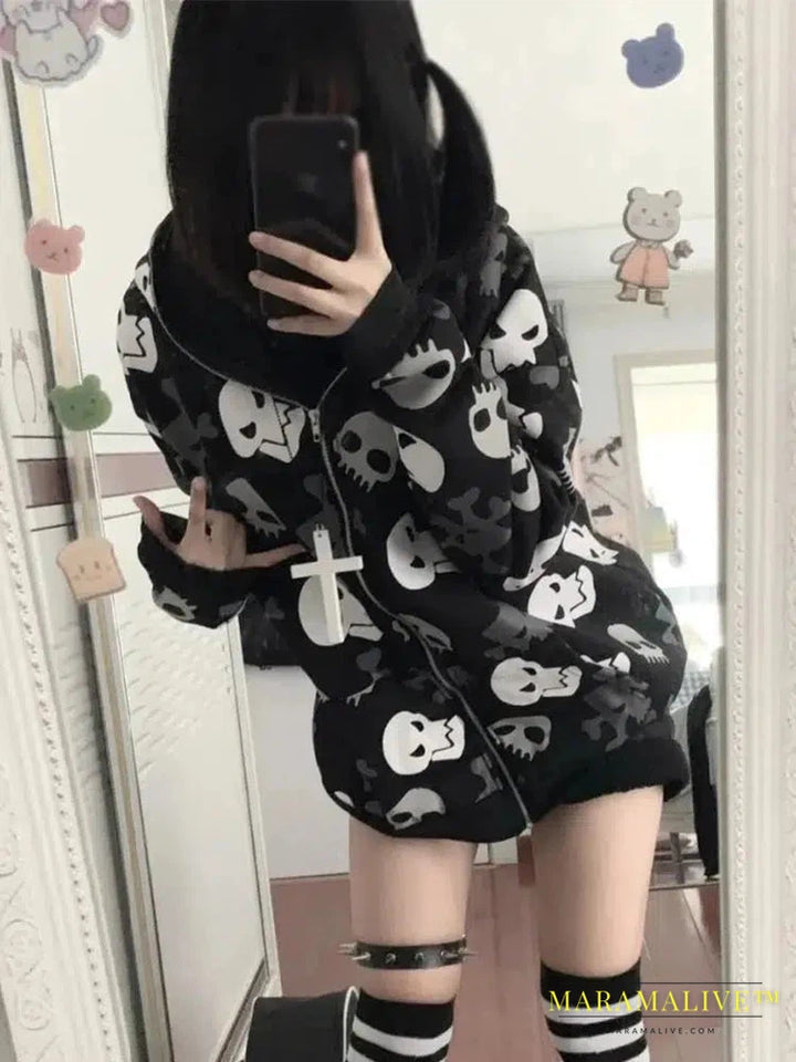 Cyberpunk Y2k Sweatshirt Women Mall Goth Harajuku Skull Printed Long Sleeve Zipper Cardigan Hoodie Emo Alt Indie Clothes