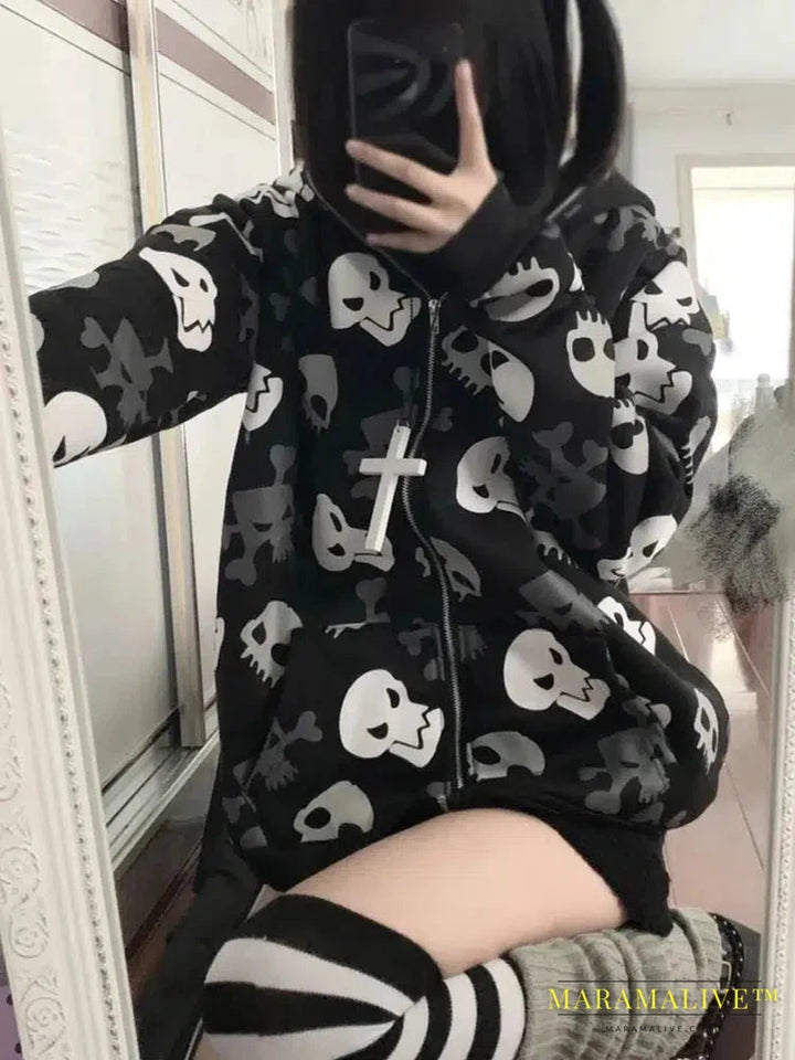 Cyberpunk Y2k Sweatshirt Women Mall Goth Harajuku Skull Printed Long Sleeve Zipper Cardigan Hoodie Emo Alt Indie Clothes