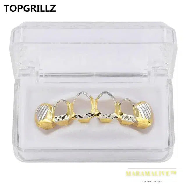 D-Cut Grillz Set Pure Gold Color Plated Top & Bottom Teeth 4 Open Hip Hop Grills Hollow Tooth Grill sets