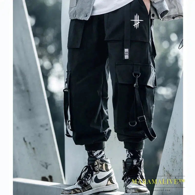 DARK Cargo Pants Men Hip Hop Tactics Joggers Trousers Elastic Waist Ribbon Fashion Streetwear Pant Male