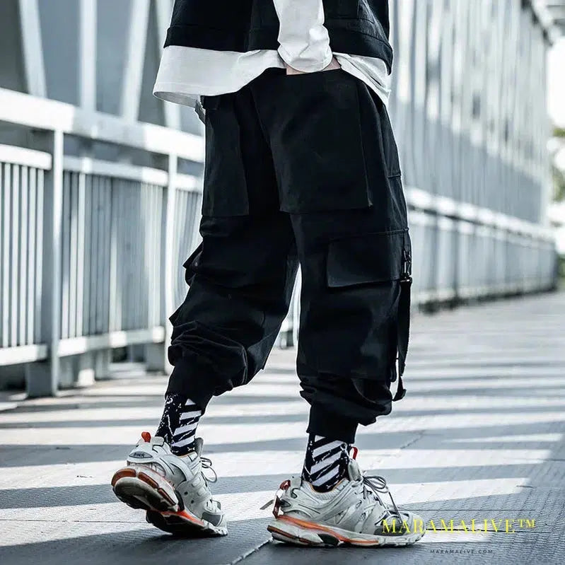 DARK Cargo Pants Men Hip Hop Tactics Joggers Trousers Elastic Waist Ribbon Fashion Streetwear Pant Male