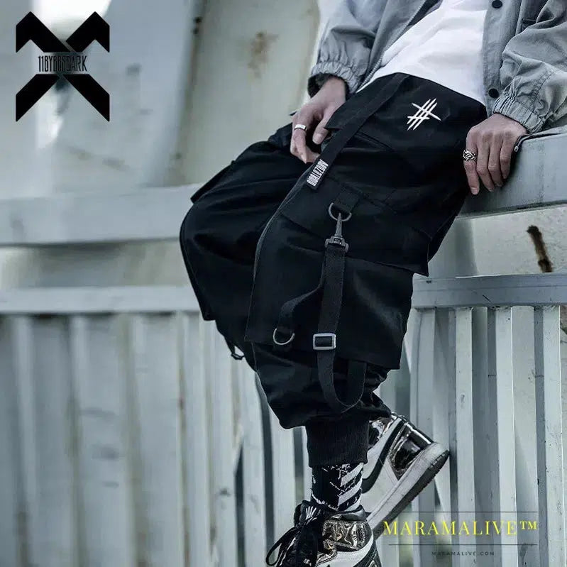 DARK Cargo Pants Men Hip Hop Tactics Joggers Trousers Elastic Waist Ribbon Fashion Streetwear Pant Male