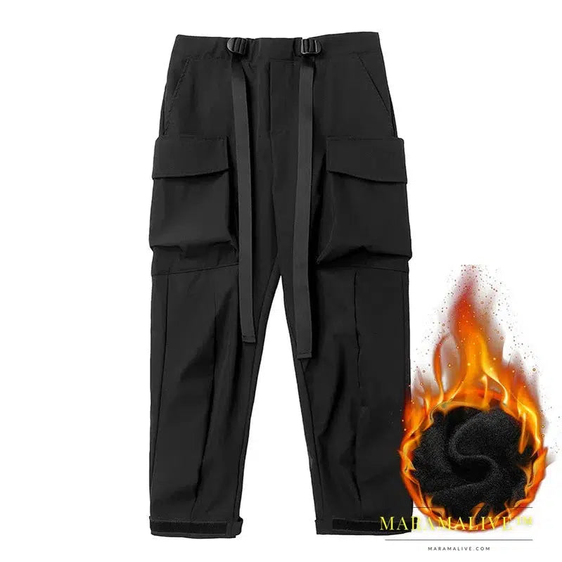 DARK Hip Hop Men Cargo Pants 2023 Winter Fleece Casual Loose Joggers Trousers Elastic Waist Fashion Pant