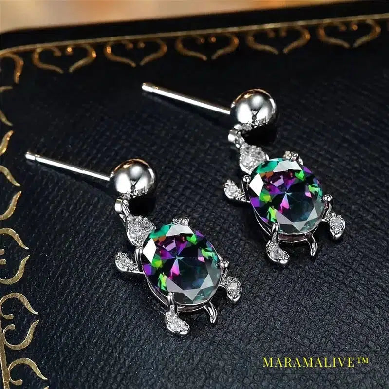 Dainty Little Turtle Pendant Earrings Lady Chic Fancy Jewelry with Bright Colorful Zirconia Delicate Daily Accessories