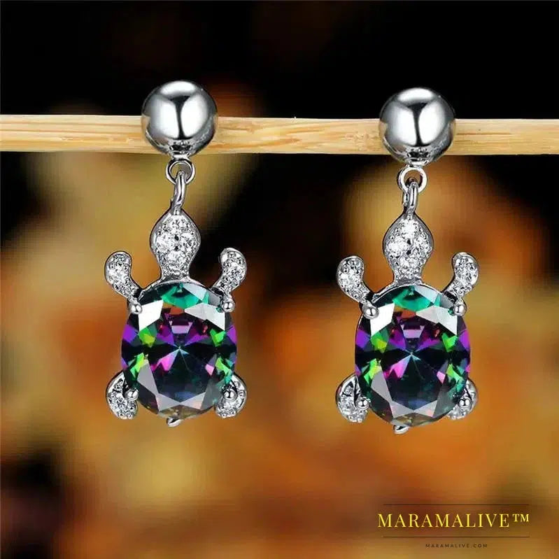 Dainty Little Turtle Pendant Earrings Lady Chic Fancy Jewelry with Bright Colorful Zirconia Delicate Daily Accessories