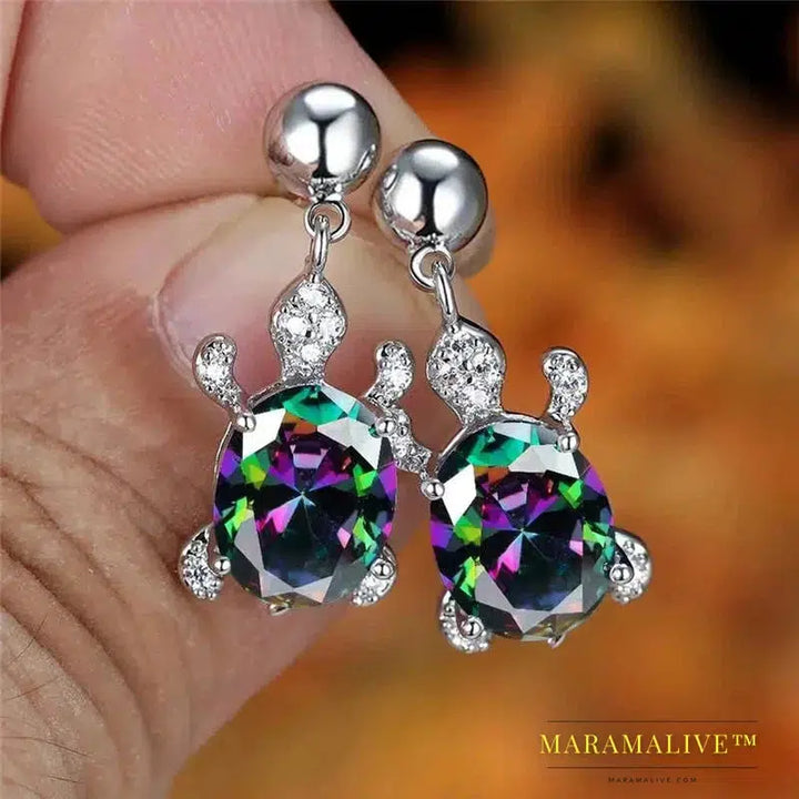 Dainty Little Turtle Pendant Earrings Lady Chic Fancy Jewelry with Bright Colorful Zirconia Delicate Daily Accessories