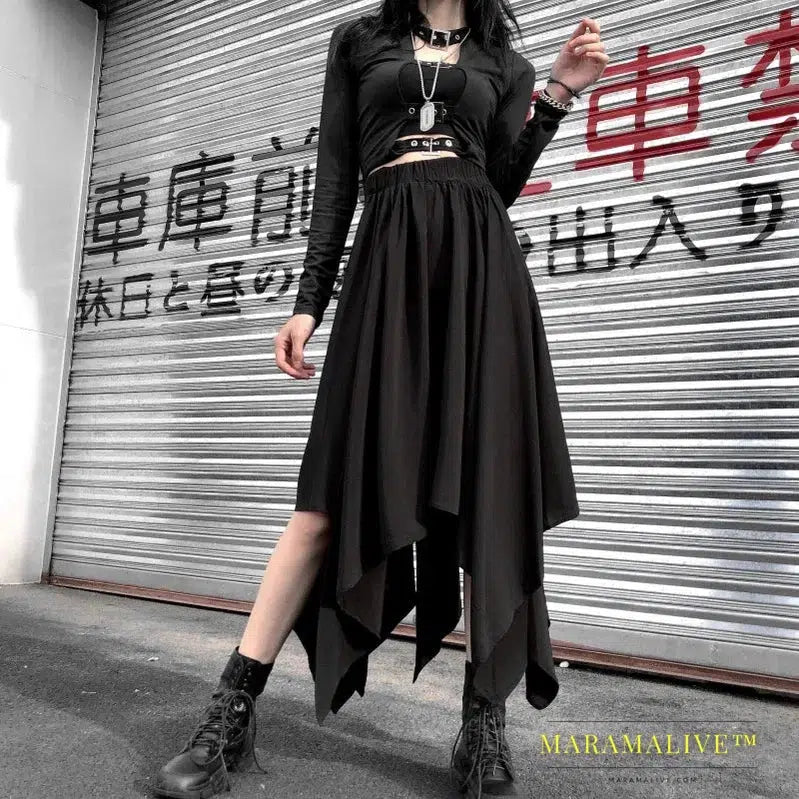 Dark Black Irregular High Waist Skirt Goth Punk Gothic Black Long Vintage Skirt fashion clothing