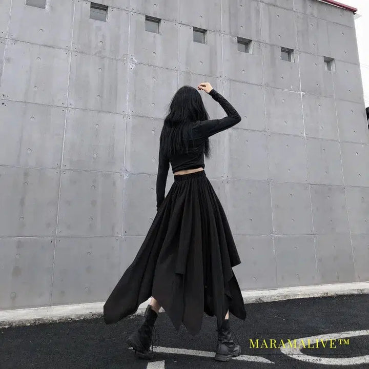 Dark Black Irregular High Waist Skirt Goth Punk Gothic Black Long Vintage Skirt fashion clothing