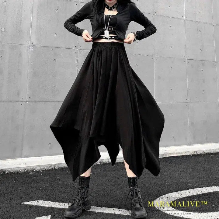 Dark Black Irregular High Waist Skirt Goth Punk Gothic Black Long Vintage Skirt fashion clothing