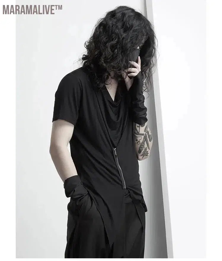 Dark Black Trendy Male Fake Two-Piece Short-Sleeved T-shirts Breathable Fashion Personality Original Design Slim Slimming