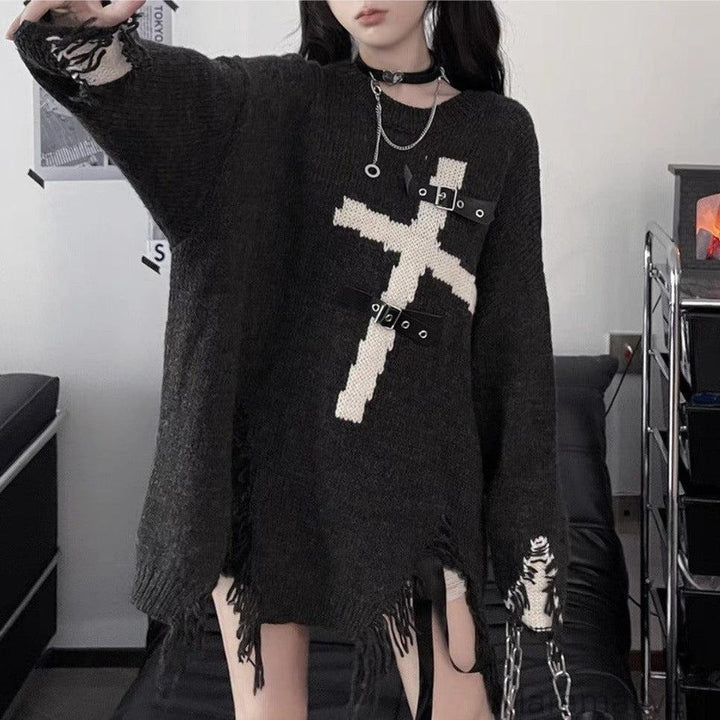 Dark Cross Loose Sweater - Comfortable Fit for Women