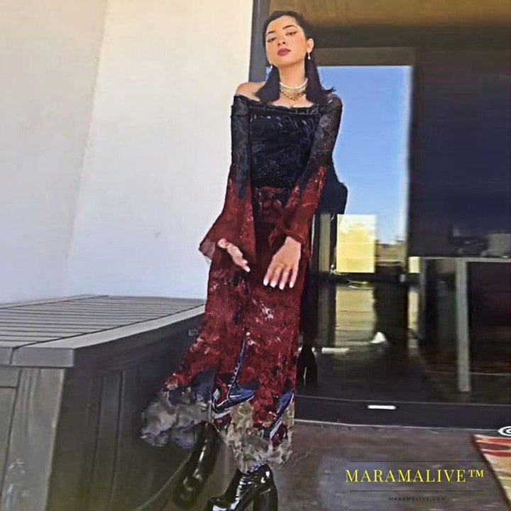 Dark Goth Style Retro Multicolor Printing Irregular Mesh Long Dress