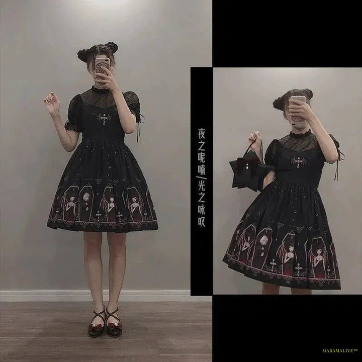 Dark Gothic Devil Print Dress Black Japanese Style Lolita Jsk Victorian Suspender Dress Loli Sexy Sweet Goth Bandage Dresses