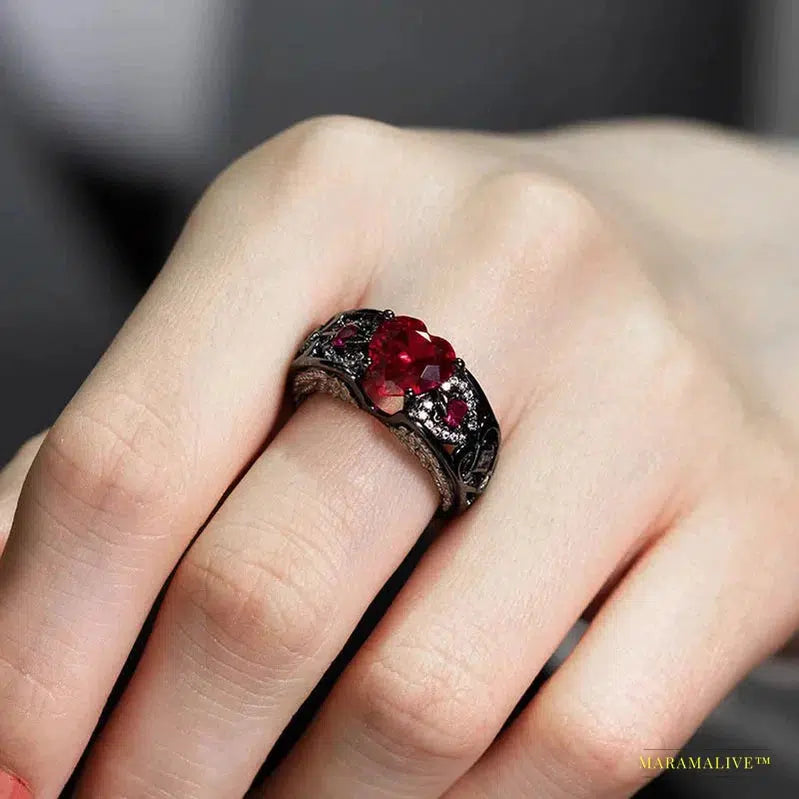 Dark Gothic Punk Rhinestone Ring - Red Love Heart Zircon with Unique Couple Figure Design