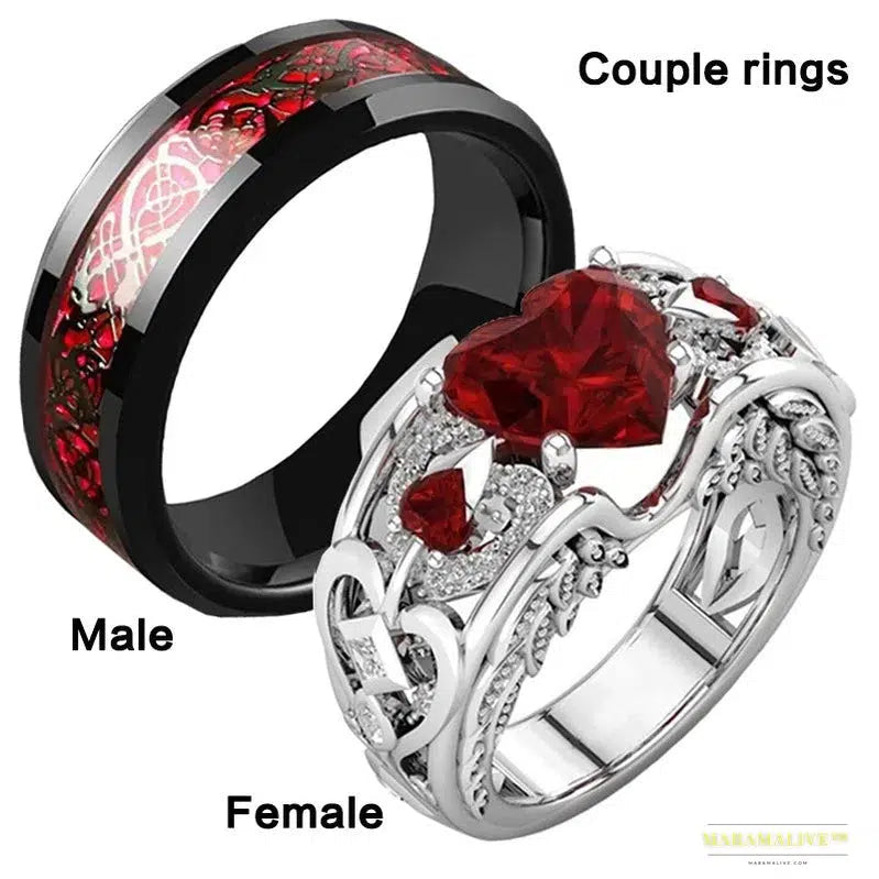 Dark Gothic Punk Rhinestone Ring - Red Love Heart Zircon with Unique Couple Figure Design