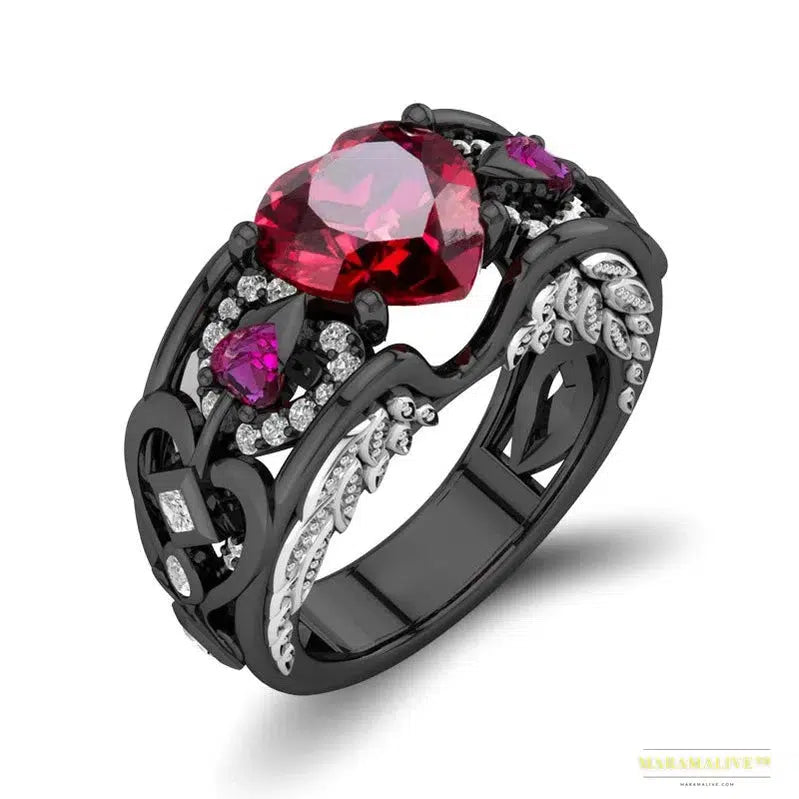 Dark Gothic Punk Rhinestone Ring - Red Love Heart Zircon with Unique Couple Figure Design