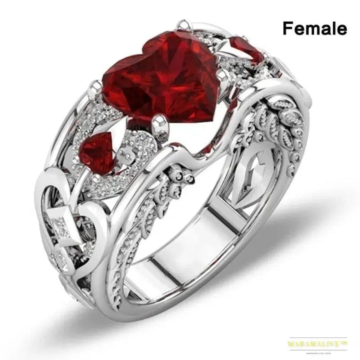 Dark Gothic Punk Rhinestone Ring - Red Love Heart Zircon with Unique Couple Figure Design