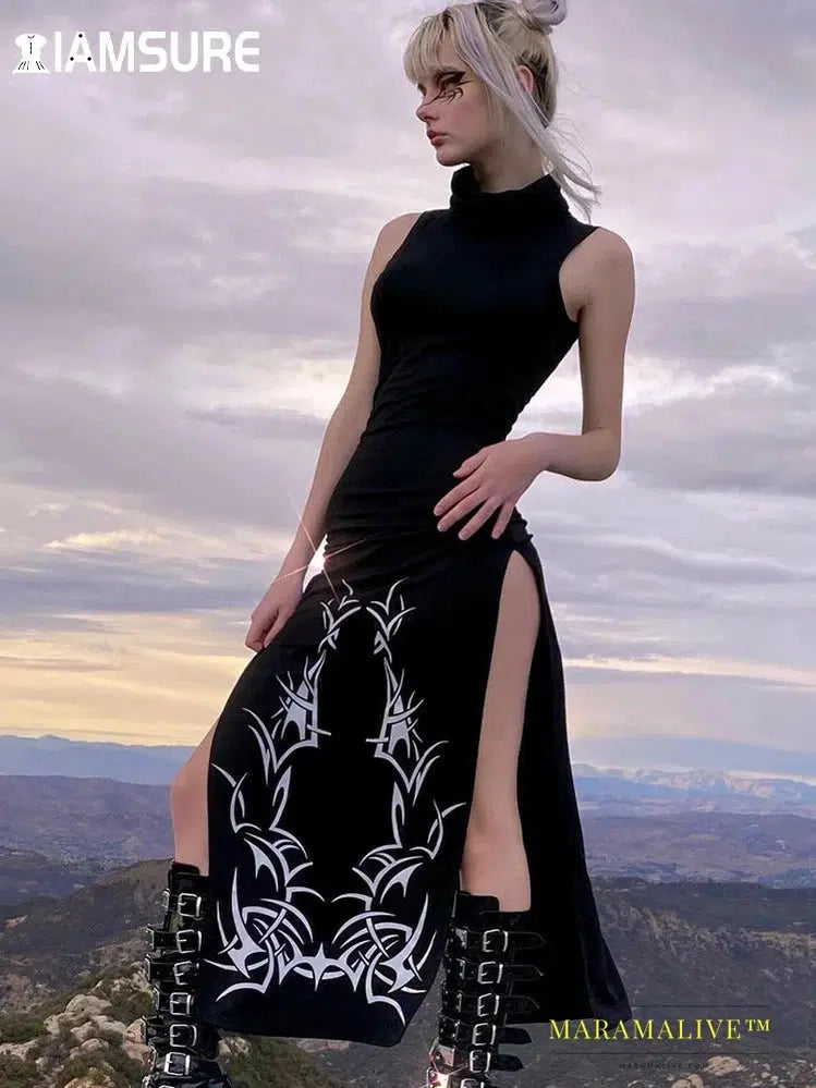 Dark Split Side Summer Dress Gothic Sexy Slim Turtleneck Sleeeveless Long Dresses For Women 2021 Party Night Club Wear