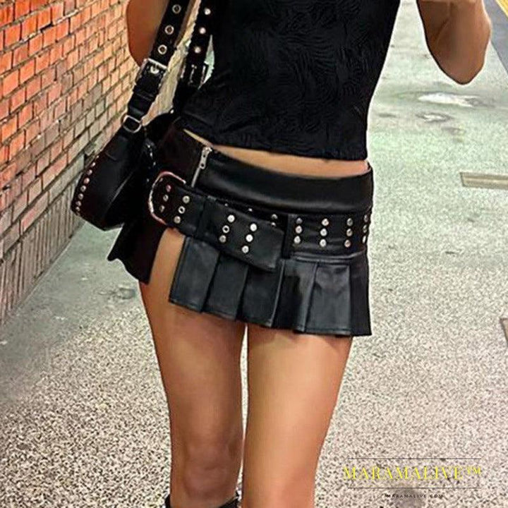 Dark Style Rivet Wide Belt Split Leather Summer Hot Girl Low Waist Skirt