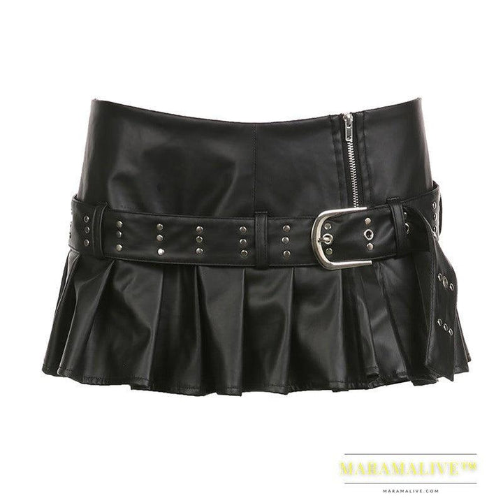 Dark Style Rivet Wide Belt Split Leather Summer Hot Girl Low Waist Skirt