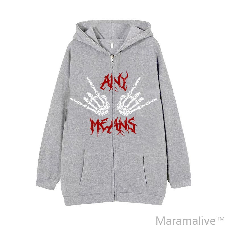 Dark Zipper Men's Sweatshirt Punk Hand Bone Print Hoodie