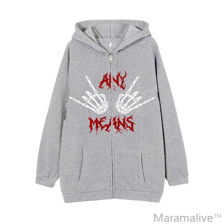 Dark Zipper Men's Sweatshirt Punk Hand Bone Print Hoodie