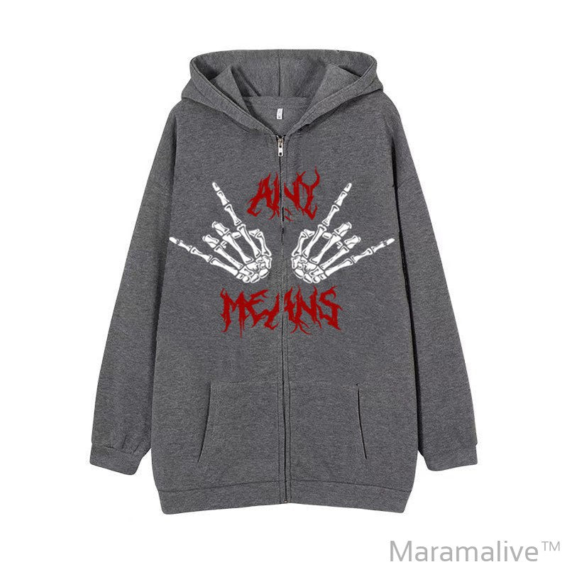 Dark Zipper Men's Sweatshirt Punk Hand Bone Print Hoodie