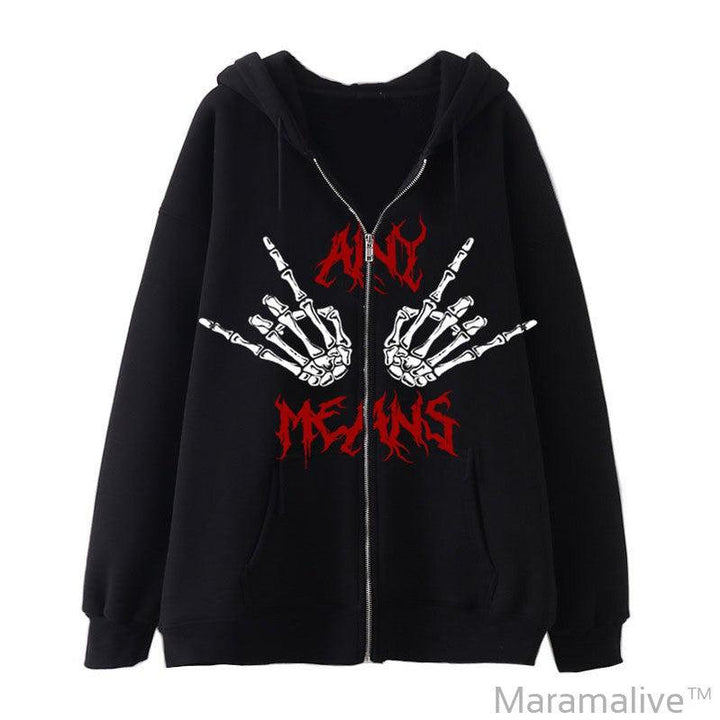 Dark Zipper Men's Sweatshirt Punk Hand Bone Print Hoodie