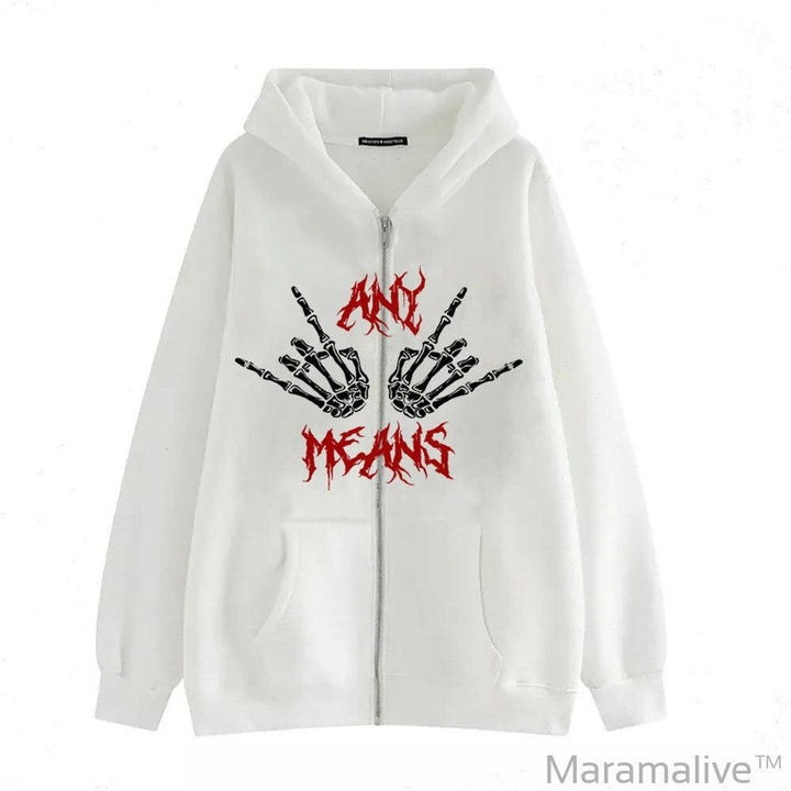 Dark Zipper Men's Sweatshirt Punk Hand Bone Print Hoodie