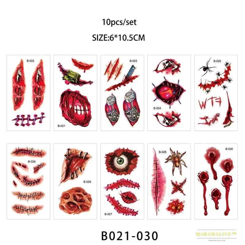 Day of the Dead Halloween Tattoos Stickers - Temporary Bloodstain Wound Costume Party Accents