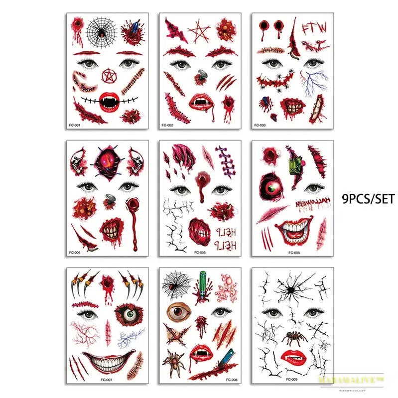 Day of the Dead Halloween Tattoos Stickers - Temporary Bloodstain Wound Costume Party Accents