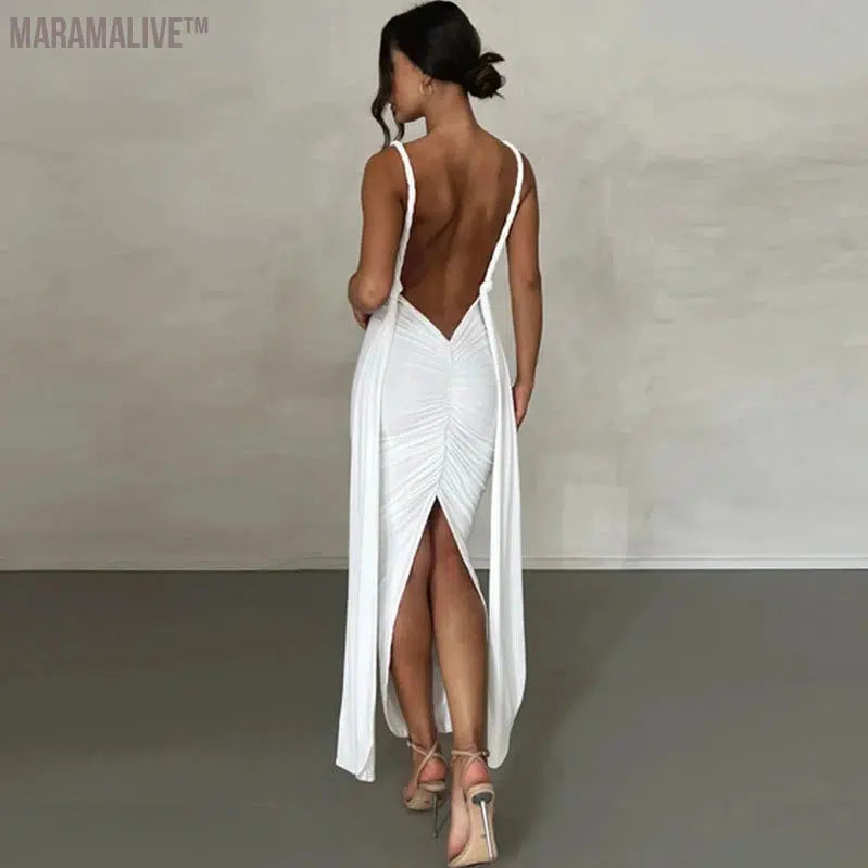 Deep V-Neck Backless Dress Elegant Party Dresses For Women 2023 Summer Ruched Wrap Bandage Long Dress Black White