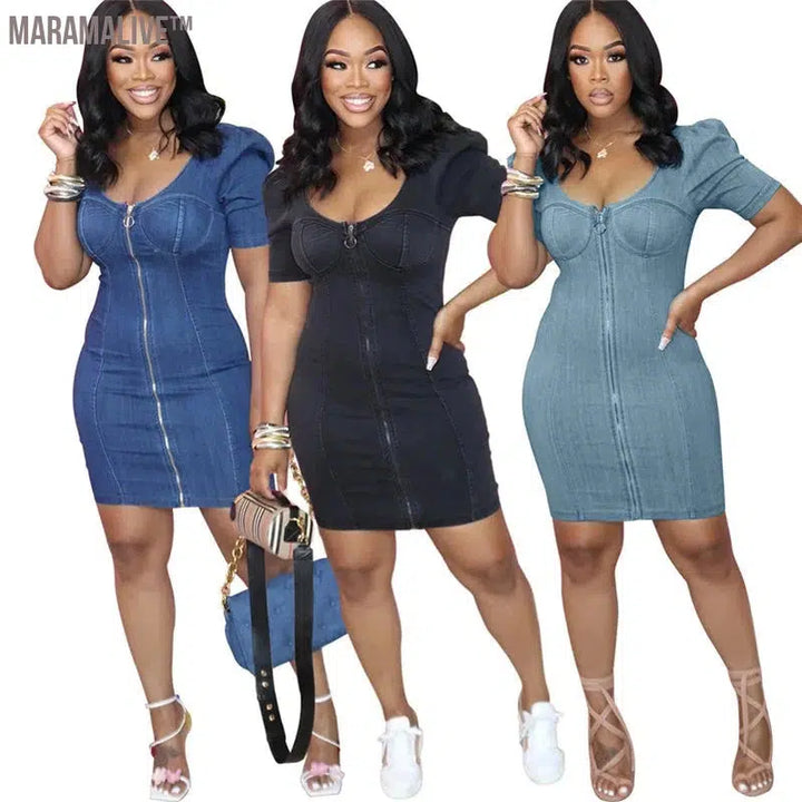 Denim Dress Women Zipper Up Bodycon Super Stretch Sexy V Neck Casual Streetwear Mini Dresses New Style