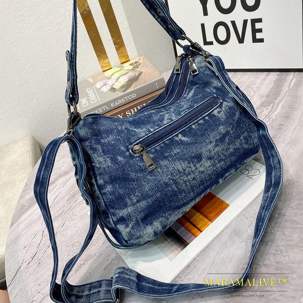 Denim Studded Tote Shoulder Crossbody Bag With Drill