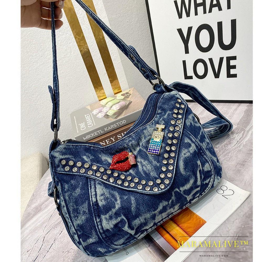 Denim Studded Tote Shoulder Crossbody Bag With Drill