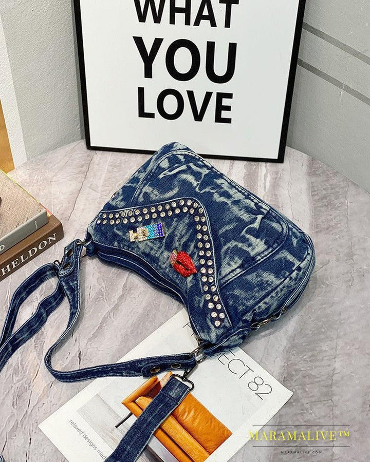 Denim Studded Tote Shoulder Crossbody Bag With Drill