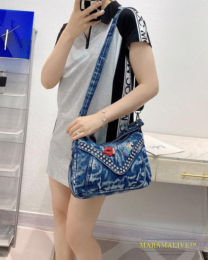 Denim Studded Tote Shoulder Crossbody Bag With Drill