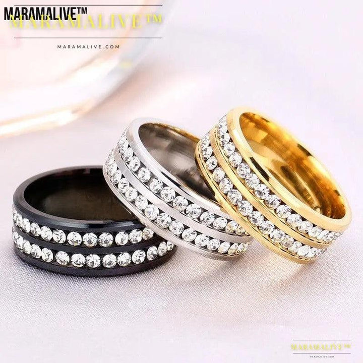 Diamond Double Row Titanium Steel Stainless Steel Ring