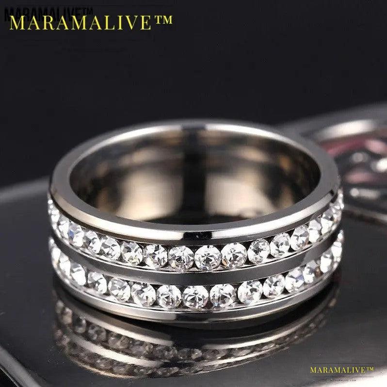 Diamond Double Row Titanium Steel Stainless Steel Ring