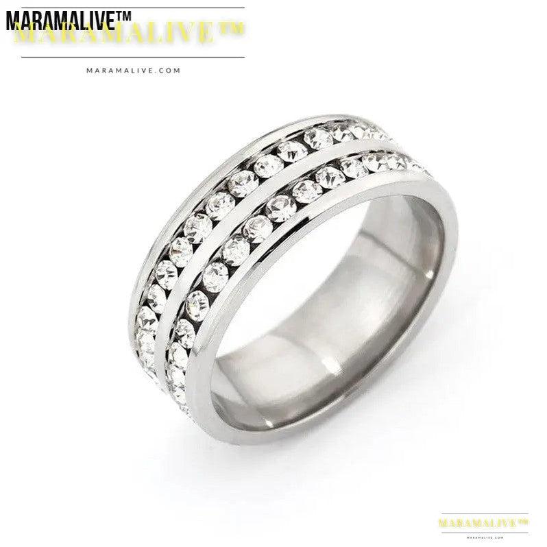 Diamond Double Row Titanium Steel Stainless Steel Ring