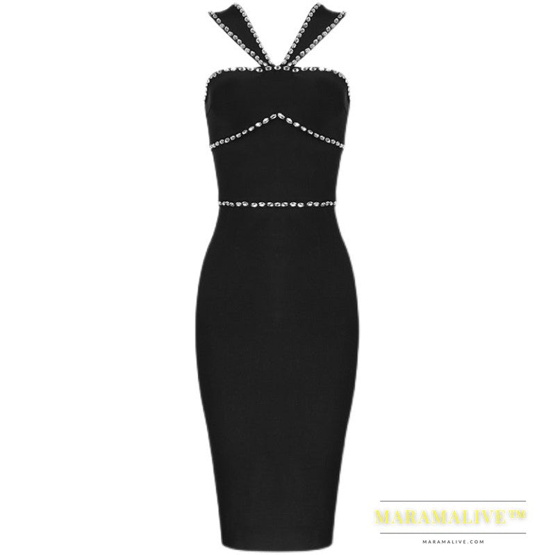 Diamond-studded Tight Bandage Banquet Prom Party Evening Off-shoulder Dress