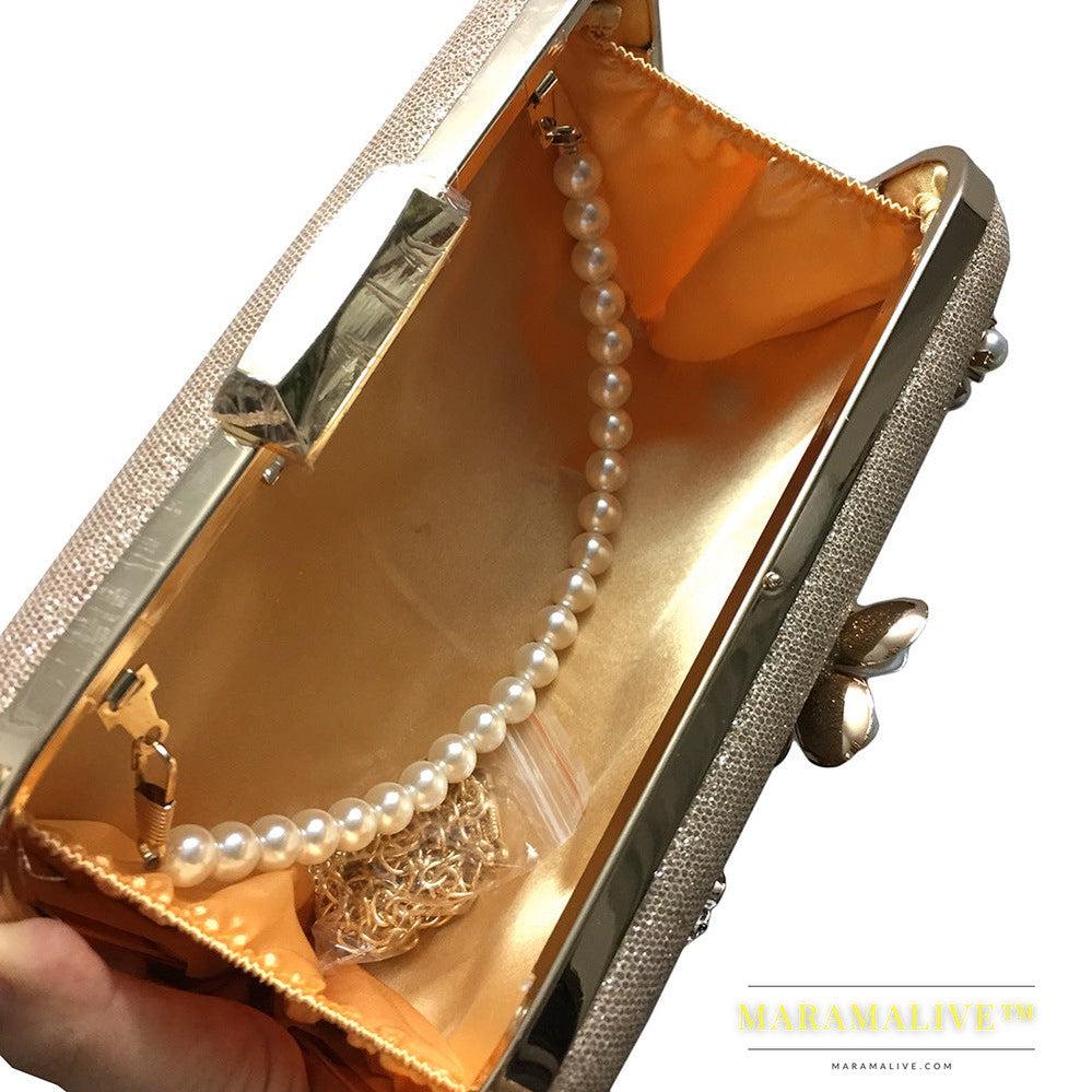 Diamond-studded pearl petal chain tassel dinner bag