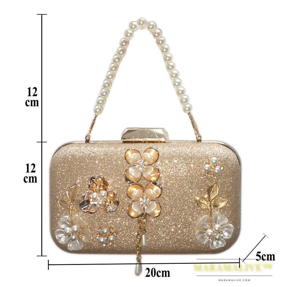 Diamond-studded pearl petal chain tassel dinner bag